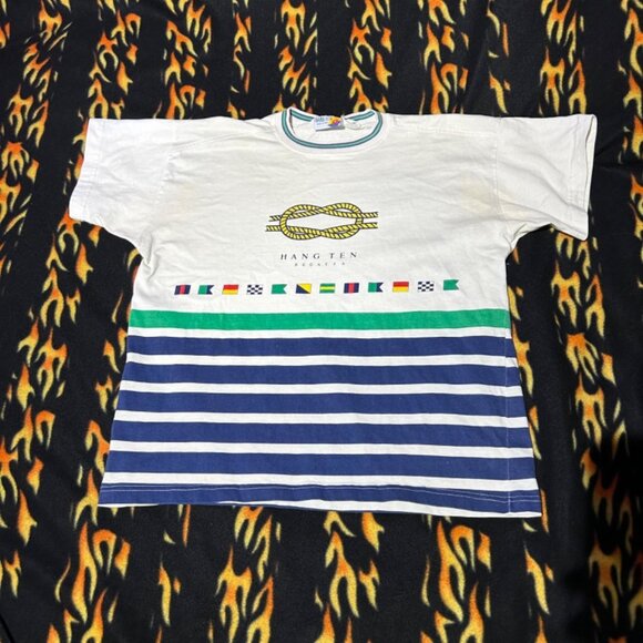 Vintage Hang Ten Regatta Mens Striped TShirt Oversized Small Flags Regatta STAIN - Picture 1 of 8